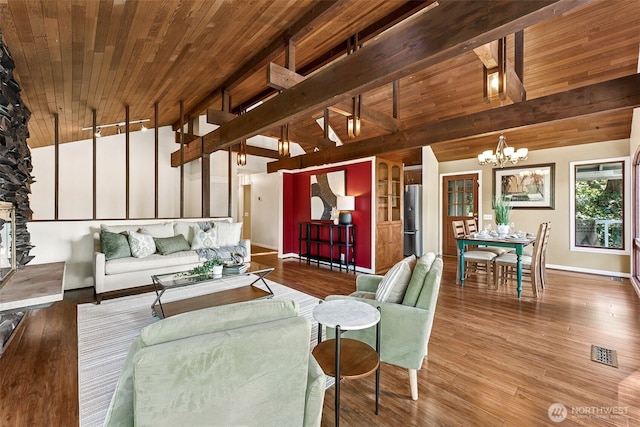 15602 26th Ave SW, Burien, WA 98166 - living area featuring a chandelier, wood ceiling, baseboards, and wood finished floors
