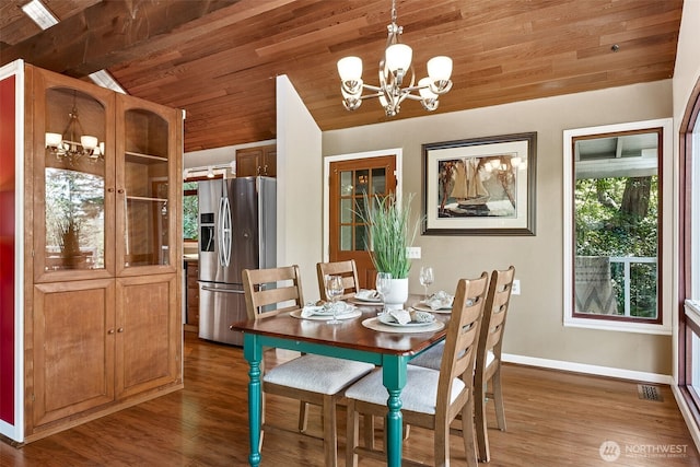 15602 26th Ave SW, Burien, WA 98166 - dining space with a chandelier, lofted ceiling, baseboards, wood finished floors, and wood ceiling