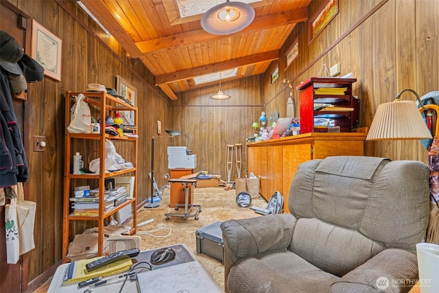3626 E J St, Tacoma, WA 98404 - carpeted home office with wood walls, a skylight, and wooden ceiling