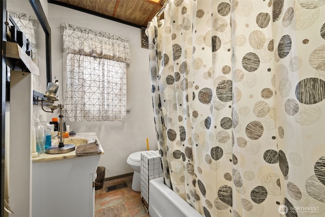 3626 E J St, Tacoma, WA 98404 - full bath featuring stone tile flooring, toilet, vanity, and shower / bath combo with shower curtain
