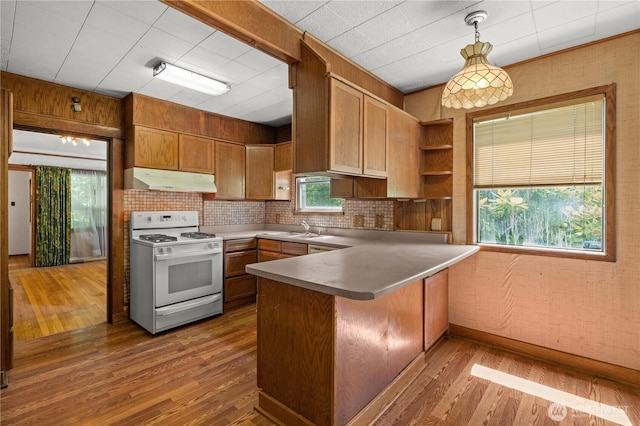 3626 E J St, Tacoma, WA 98404 - kitchen with white gas stove, under cabinet range hood, a peninsula, and wood finished floors