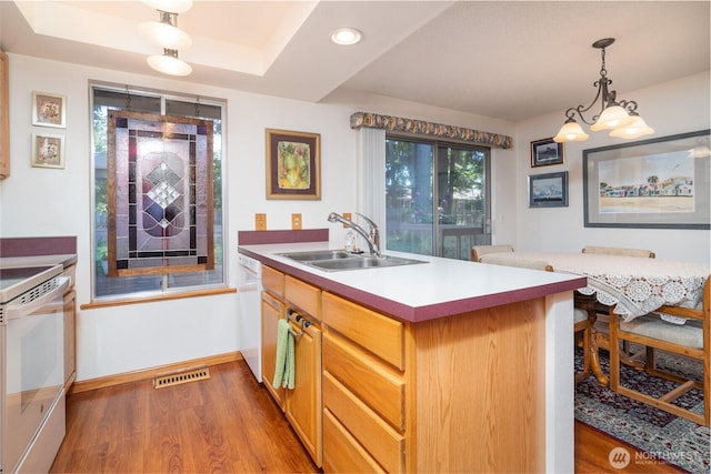 2623 25th Ct SW, Olympia, WA 98512 - kitchen featuring a sink, white appliances, wood finished floors, light countertops, and recessed lighting