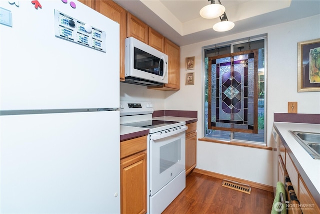 2623 25th Ct SW, Olympia, WA 98512 - kitchen with white appliances, a tray ceiling, dark wood finished floors, baseboards, and a sink