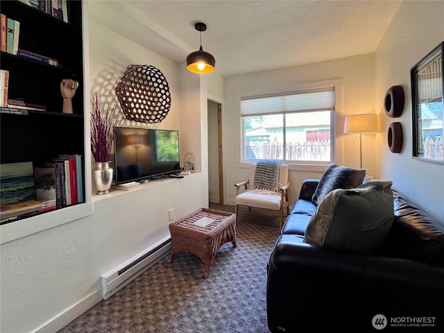 238 Castle Ave, Winthrop, WA 98862 - carpeted living area with a baseboard radiator and baseboards