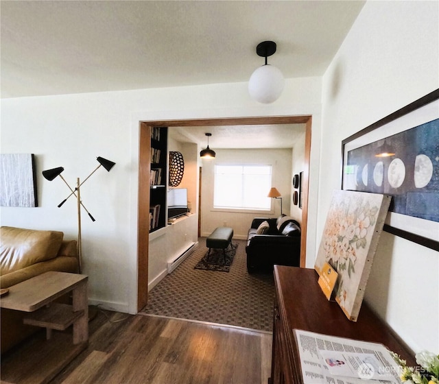 238 Castle Ave, Winthrop, WA 98862 - corridor featuring dark wood finished floors and a baseboard heating unit