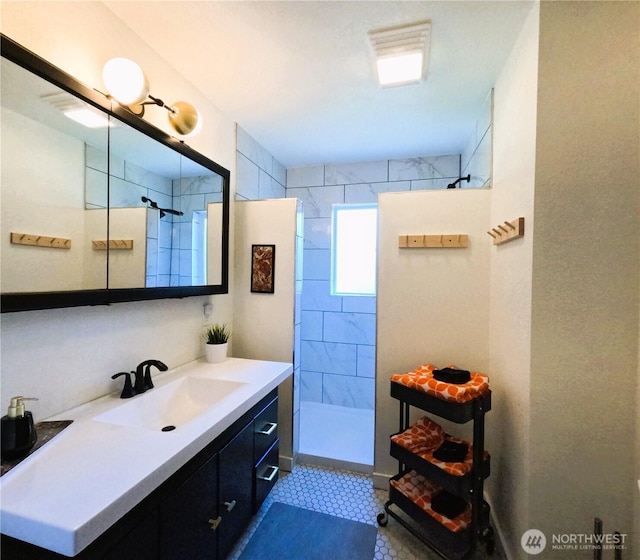 238 Castle Ave, Winthrop, WA 98862 - full bath with vanity, a walk in shower, and tile patterned flooring