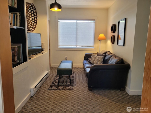 238 Castle Ave, Winthrop, WA 98862 - living area with a baseboard heating unit and carpet flooring