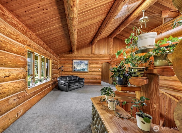 1416 Marietta Ave, Bellingham, WA 98226 - carpeted living area with wooden ceiling and rustic walls