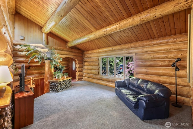 1416 Marietta Ave, Bellingham, WA 98226 - carpeted living room featuring wooden ceiling, rustic walls, and arched walkways