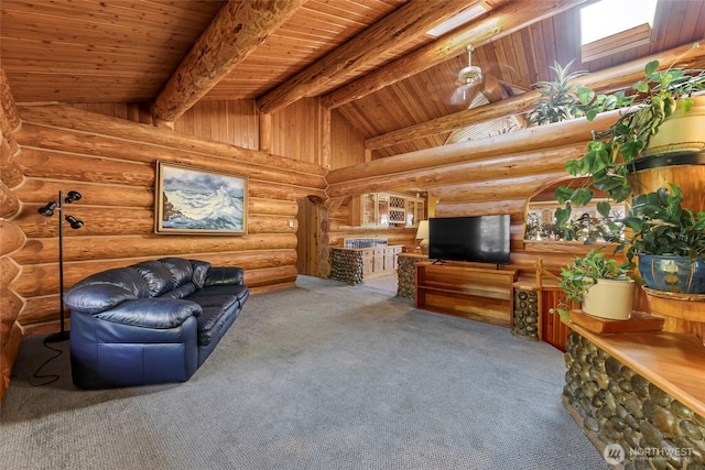 1416 Marietta Ave, Bellingham, WA 98226 - living room with wooden ceiling, carpet flooring, and log walls