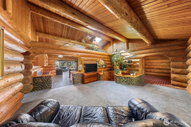 1416 Marietta Ave, Bellingham, WA 98226 - living area with carpet, wood ceiling, and rustic walls