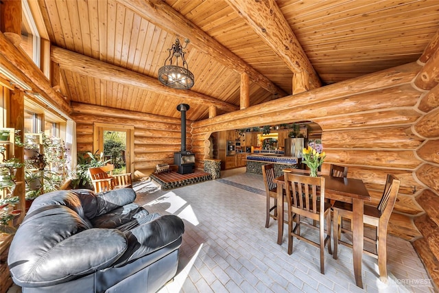 1416 Marietta Ave, Bellingham, WA 98226 - living room with a wood stove, wood ceiling, log walls, and arched walkways