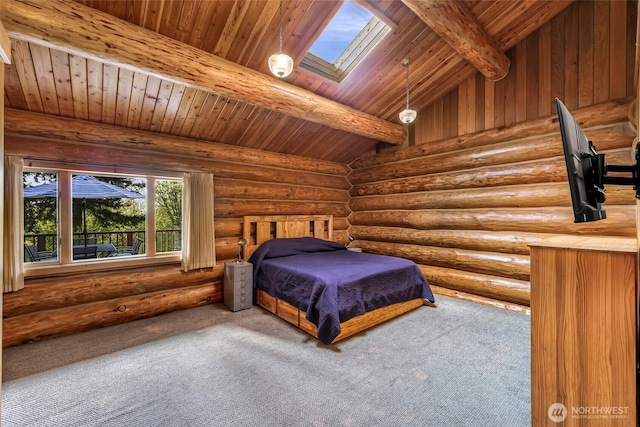 1416 Marietta Ave, Bellingham, WA 98226 - carpeted bedroom featuring a skylight, wooden ceiling with exposed beams, and log walls