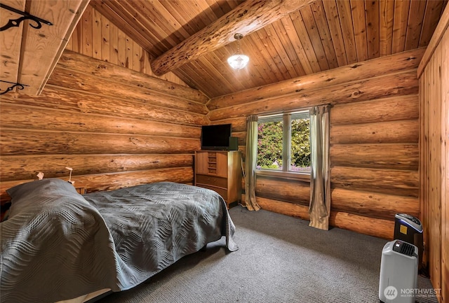 1416 Marietta Ave, Bellingham, WA 98226 - bedroom with wood ceiling, log walls, and carpet