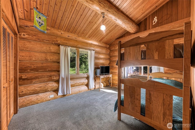 1416 Marietta Ave, Bellingham, WA 98226 - bedroom with rustic walls, carpet, and wood ceiling