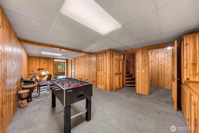 1416 Marietta Ave, Bellingham, WA 98226 - recreation room with wooden walls, carpet, and a drop ceiling