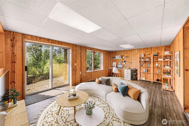 1416 Marietta Ave, Bellingham, WA 98226 - living room featuring wooden walls, wood finished floors, and a paneled ceiling