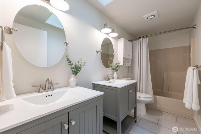 7309 46th Street Ct W, University Place, WA 98466 - bathroom with shower / tub combo with curtain, two vanities, and tile patterned floors