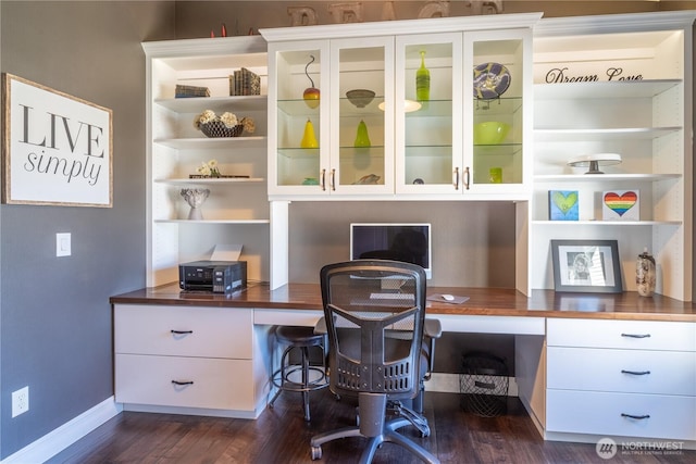 550 N Sparrow Ln, Moses Lake, WA 98837 - home office featuring built in study area, baseboards, and dark wood finished floors