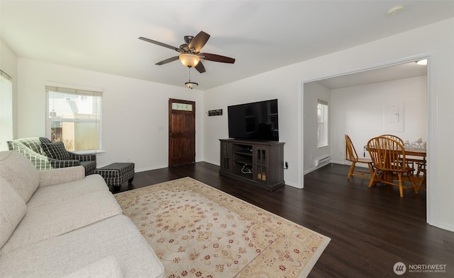 10312 26th Pl SE, Lake Stevens, WA 98258 - living room featuring dark wood-style floors and ceiling fan