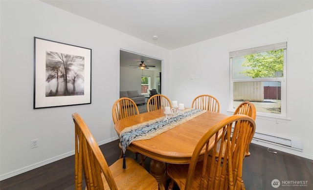 10312 26th Pl SE, Lake Stevens, WA 98258 - dining area with dark wood finished floors, healthy amount of natural light, baseboard heating, and ceiling fan