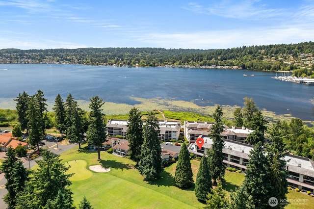16929 Inglewood Rd NE Unit C201, Kenmore, WA 98028 - drone / aerial view of a nearby body of water, a forest, and a golf club