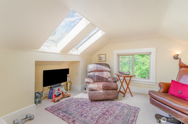 1833 3rd Ave, Kirkland, WA 98033 - living room with carpet flooring, a skylight, and vaulted ceiling