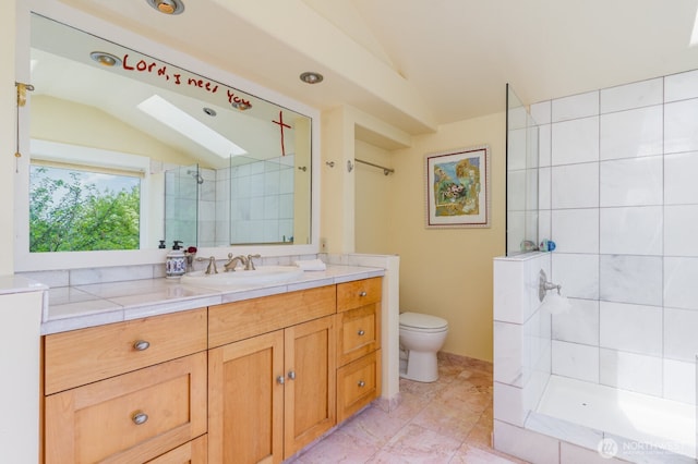 1833 3rd Ave, Kirkland, WA 98033 - bathroom featuring lofted ceiling, vanity, tiled shower, and a skylight