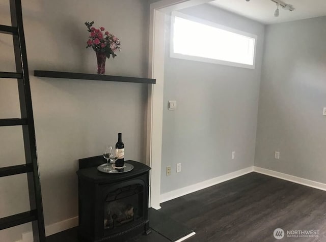 1833 3rd Ave, Kirkland, WA 98033 - unfurnished living room featuring a wood stove, wood finished floors, and rail lighting