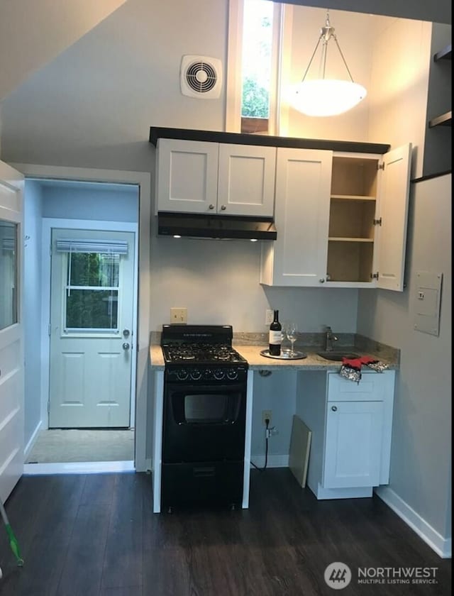 1833 3rd Ave, Kirkland, WA 98033 - kitchen with gas stove, under cabinet range hood, dark wood-style floors, and open shelves