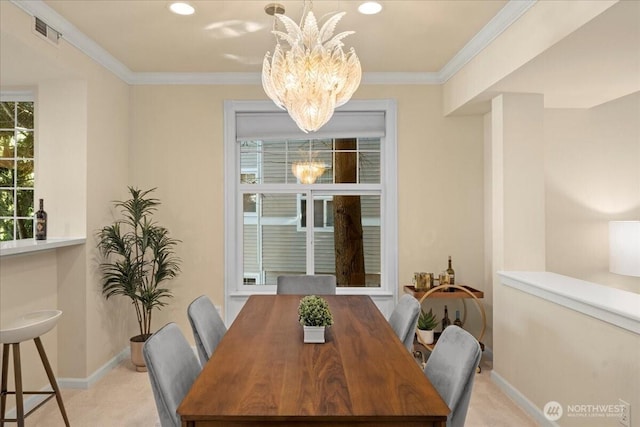 1980 132nd Ave SE Unit 40, Bellevue, WA 98005 - dining room featuring carpet, baseboards, a chandelier, ornamental molding, and recessed lighting
