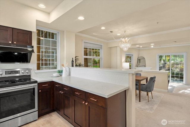 1980 132nd Ave SE Unit 40, Bellevue, WA 98005 - kitchen featuring stainless steel range with electric stovetop, a peninsula, light countertops, ornamental molding, and a chandelier