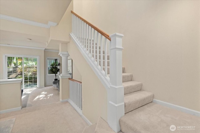 1980 132nd Ave SE Unit 40, Bellevue, WA 98005 - stairway featuring carpet floors, crown molding, and baseboards