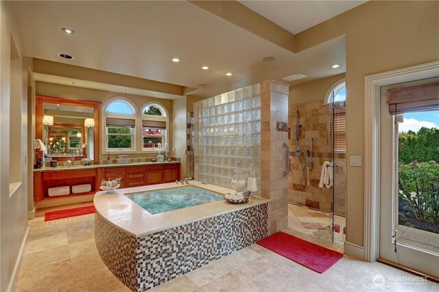 1055 91st Ave NE, Bellevue, WA 98004 - full bathroom with tiled shower, recessed lighting, vanity, and a tub to relax in
