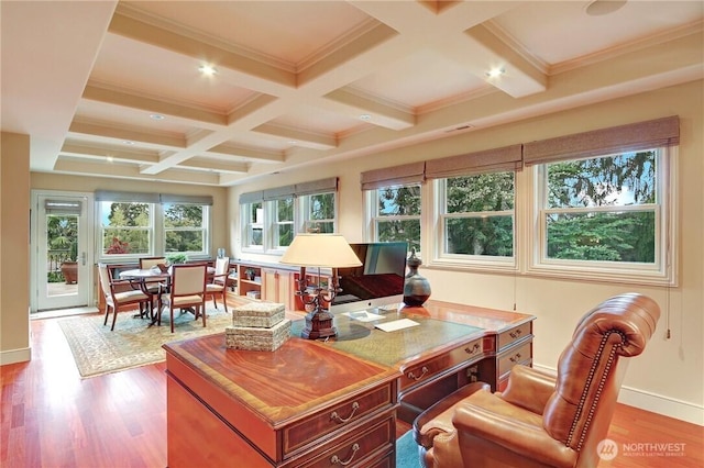 1055 91st Ave NE, Bellevue, WA 98004 - home office featuring coffered ceiling, beamed ceiling, wood finished floors, baseboards, and recessed lighting