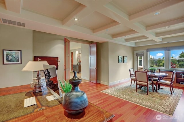 1055 91st Ave NE, Bellevue, WA 98004 - dining room with wood finished floors, coffered ceiling, beamed ceiling, baseboards, and recessed lighting