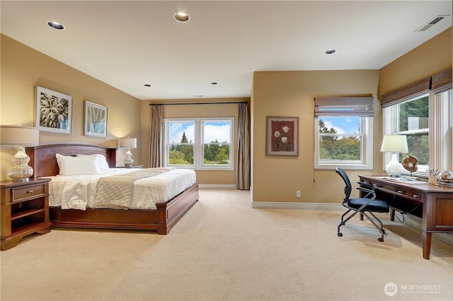 1055 91st Ave NE, Bellevue, WA 98004 - bedroom featuring light colored carpet, multiple windows, baseboards, an office area, and recessed lighting