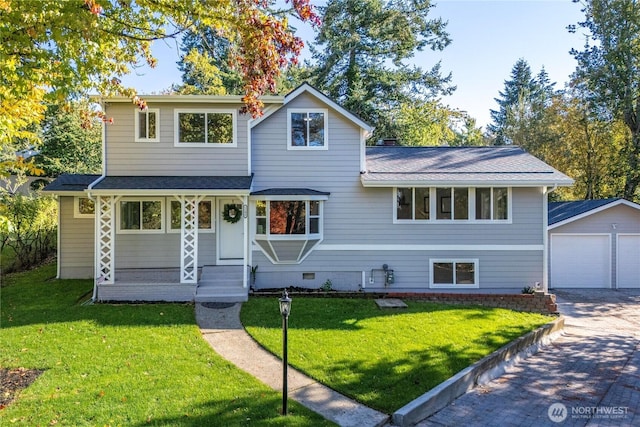 1106 Starling St, Steilacoom, WA 98388 - traditional-style house featuring an outbuilding, a detached garage, a front yard, a shingled roof, and covered porch