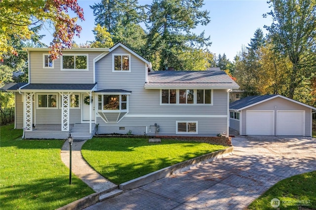 1106 Starling St, Steilacoom, WA 98388 - traditional-style home with a garage, an outdoor structure, a shingled roof, covered porch, and a front lawn