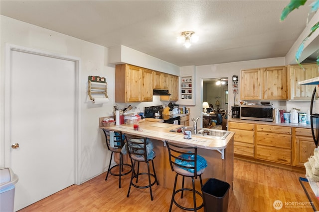 414 S Main, Mccleary, WA 98557 - kitchen featuring black range with electric stovetop, stainless steel microwave, under cabinet range hood, a sink, and light countertops