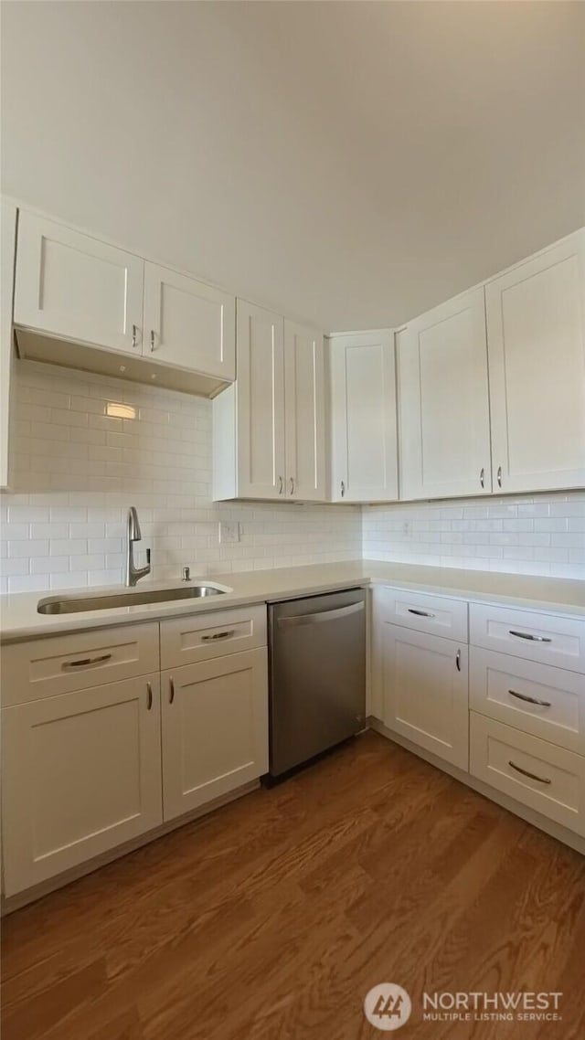 30022 2nd Pl SW, Federal Way, WA 98032 - kitchen featuring dishwasher, white cabinets, tasteful backsplash, light wood-style floors, and light countertops