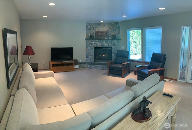 3328 Pennsylvania, Longview, WA 98632 - living room with carpet flooring, recessed lighting, and a fireplace