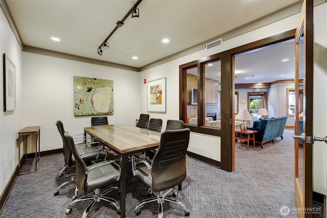5450 Leary Ave NW Unit 251, Seattle, WA 98107 - carpeted dining room with recessed lighting, an office area, baseboards, and ornamental molding