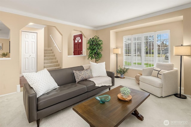 600 213th St SW, Bothell, WA 98021 - carpeted living area with crown molding and stairs