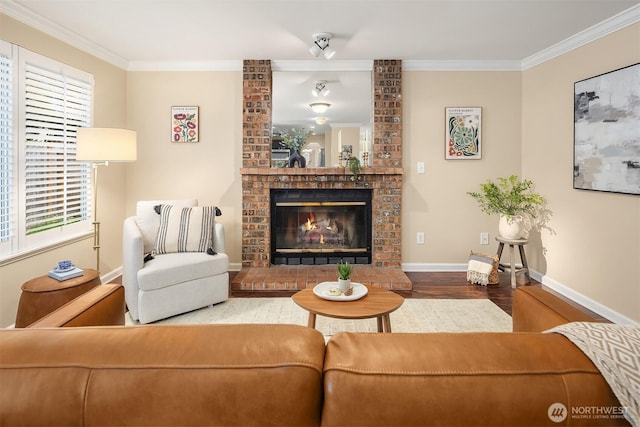 600 213th St SW, Bothell, WA 98021 - living area with wood finished floors, ornamental molding, healthy amount of natural light, and a brick fireplace