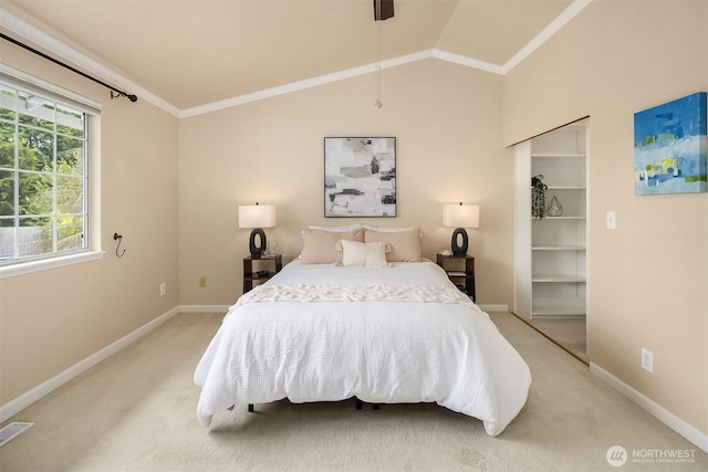 600 213th St SW, Bothell, WA 98021 - bedroom featuring light colored carpet, ornamental molding, vaulted ceiling, and a ceiling fan
