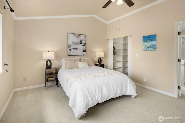 600 213th St SW, Bothell, WA 98021 - bedroom featuring crown molding, light colored carpet, vaulted ceiling, and a ceiling fan