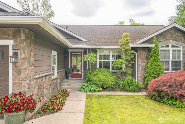 804 S Park Ct, Lynden, WA 98264 - entrance to property with stone siding, a shingled roof, and a lawn