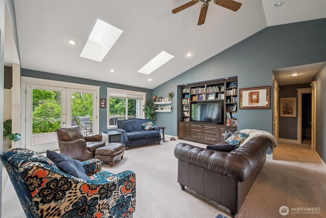 804 S Park Ct, Lynden, WA 98264 - living room with carpet flooring, vaulted ceiling, a skylight, recessed lighting, and ceiling fan