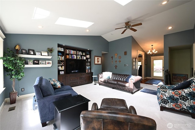 804 S Park Ct, Lynden, WA 98264 - living area with vaulted ceiling, a chandelier, ceiling fan, carpet floors, and a skylight